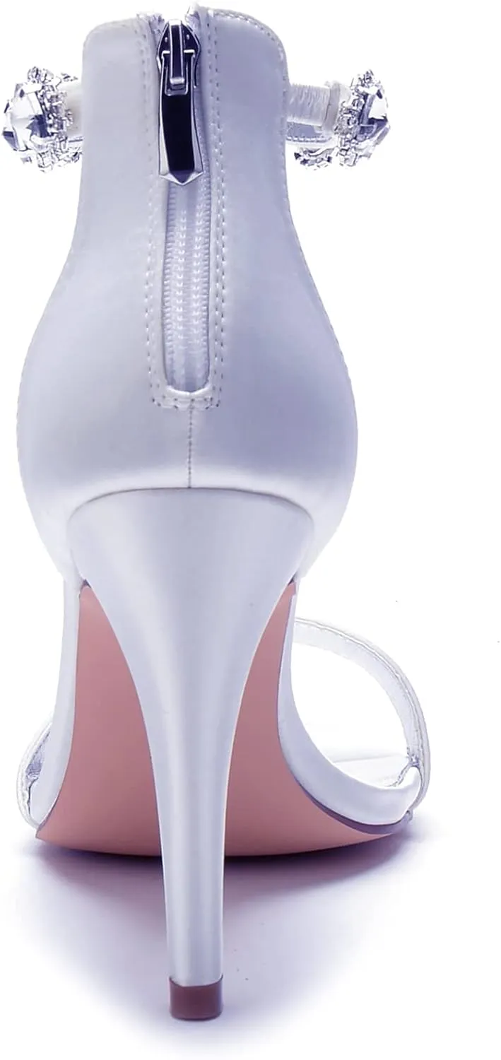 Women's Satin Open Toe Wedding High Heels for Bride Ankle Strap Rhinestones Stiletto Heels for Women Wedding Bridal Shoes