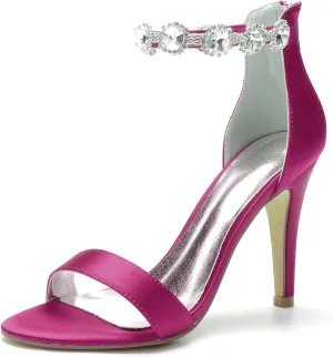 Women's Satin Open Toe Wedding High Heels for Bride Ankle Strap Rhinestones Stiletto Heels for Women Wedding Bridal Shoes