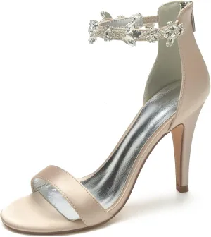Women's Satin Open Toe Wedding High Heels for Bride Ankle Strap Rhinestones Stiletto Heels for Women Wedding Bridal Shoes