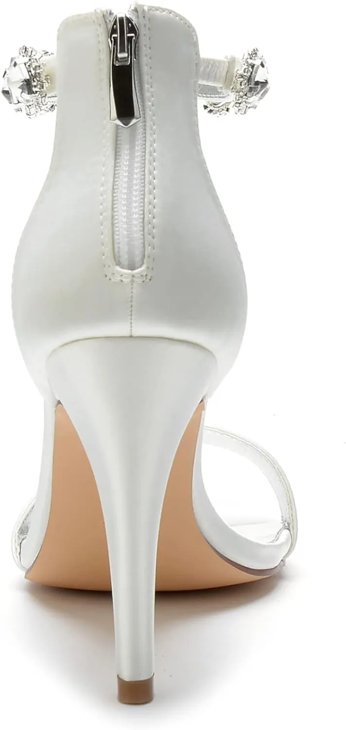 Women's Satin Open Toe Wedding High Heels for Bride Ankle Strap Rhinestones Stiletto Heels for Women Wedding Bridal Shoes