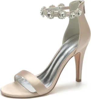 Women's Satin Open Toe Wedding High Heels for Bride Ankle Strap Rhinestones Stiletto Heels for Women Wedding Bridal Shoes