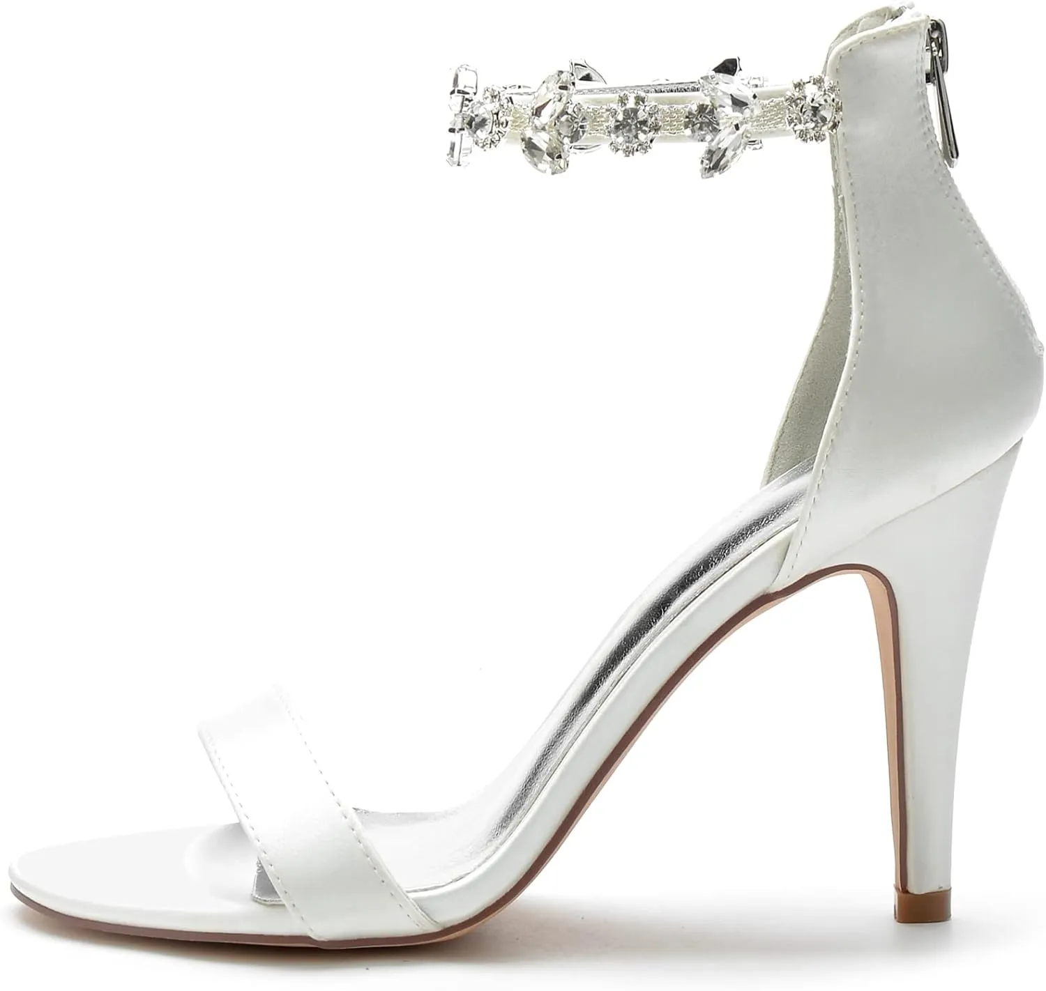 Women's Satin Open Toe Wedding High Heels for Bride Ankle Strap Rhinestones Stiletto Heels for Women Wedding Bridal Shoes