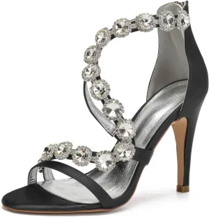 Women's Satin Wedding Stilettos for Bride Beaded Open Toe High Heels Strappy Bridal Shoes for Women