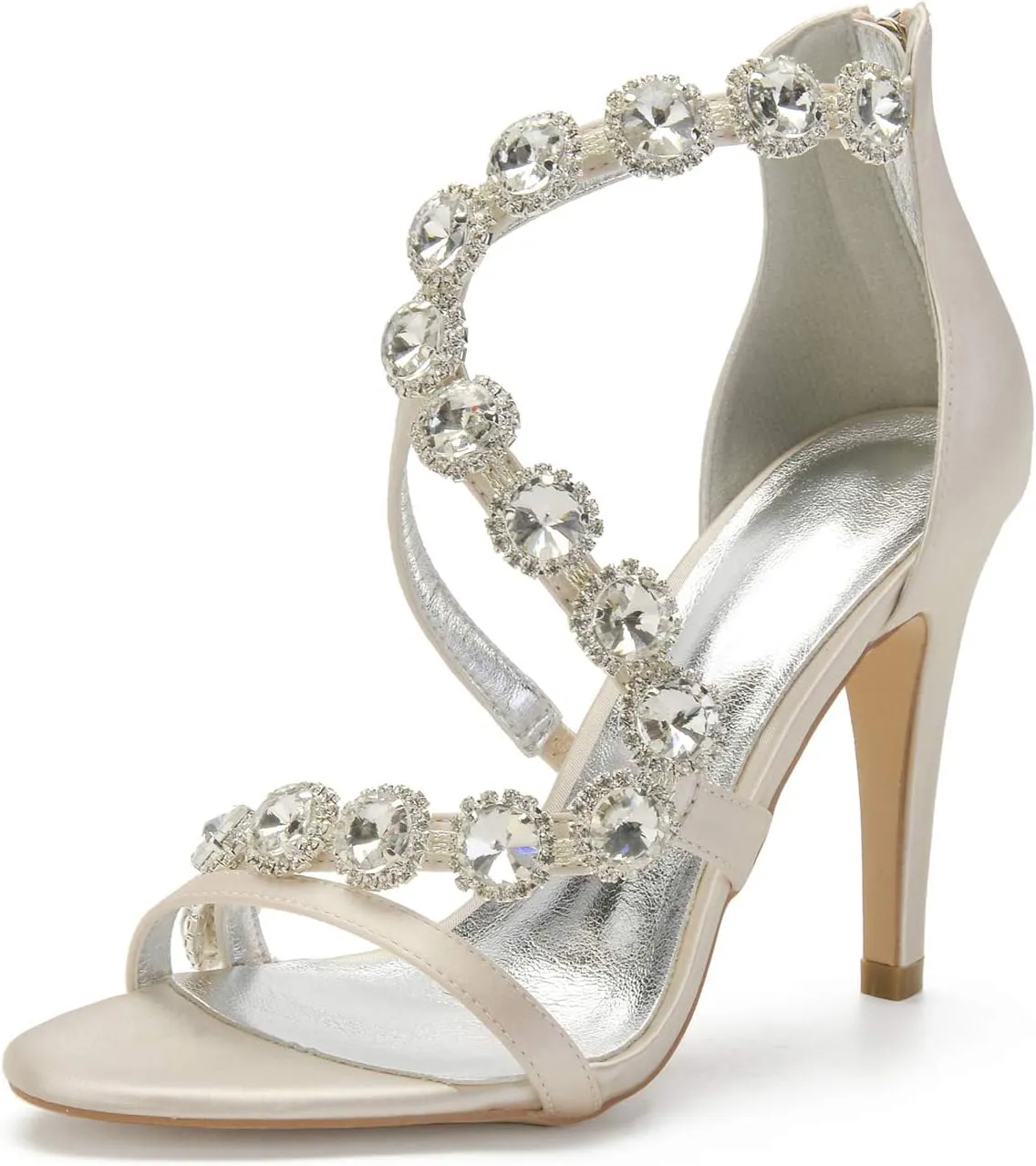 Women's Satin Wedding Stilettos for Bride Beaded Open Toe High Heels Strappy Bridal Shoes for Women