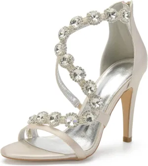 Women's Satin Wedding Stilettos for Bride Beaded Open Toe High Heels Strappy Bridal Shoes for Women