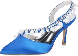 Women's Slingback Wedding Dress Shoes Satin Pointed Toe Pearl Rhinestones S Strap Slip-On High Heels Sandals
