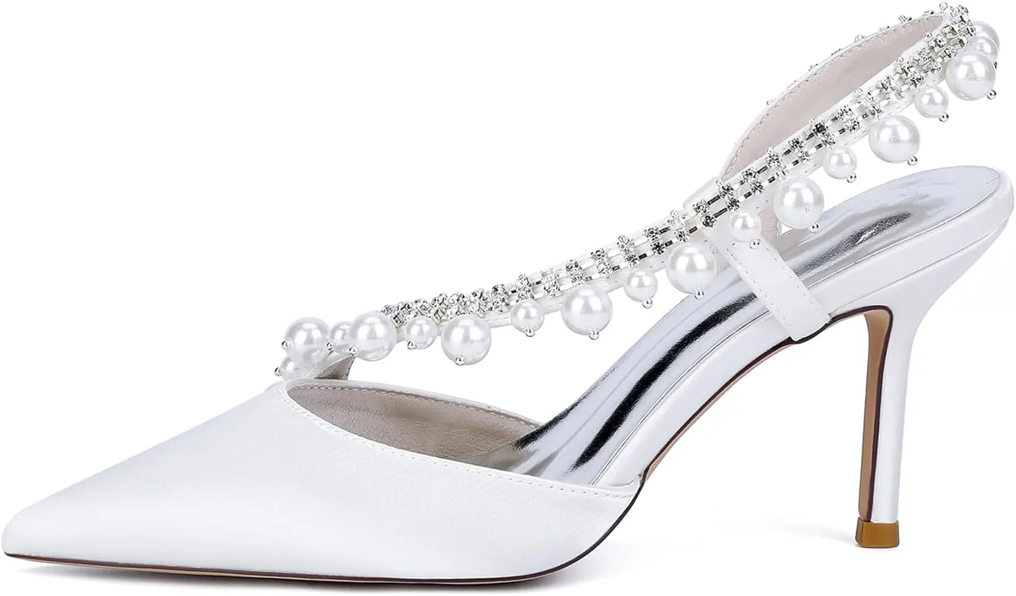 Women's Slingback Wedding Dress Shoes Satin Pointed Toe Pearl Rhinestones S Strap Slip-On High Heels Sandals