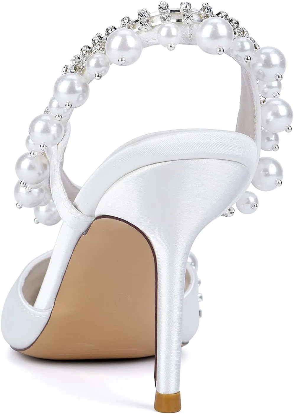 Women's Slingback Wedding Dress Shoes Satin Pointed Toe Pearl Rhinestones S Strap Slip-On High Heels Sandals