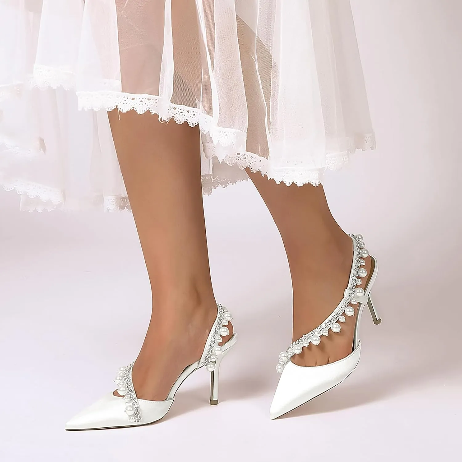 Women's Slingback Wedding Dress Shoes Satin Pointed Toe Pearl Rhinestones S Strap Slip-On High Heels Sandals