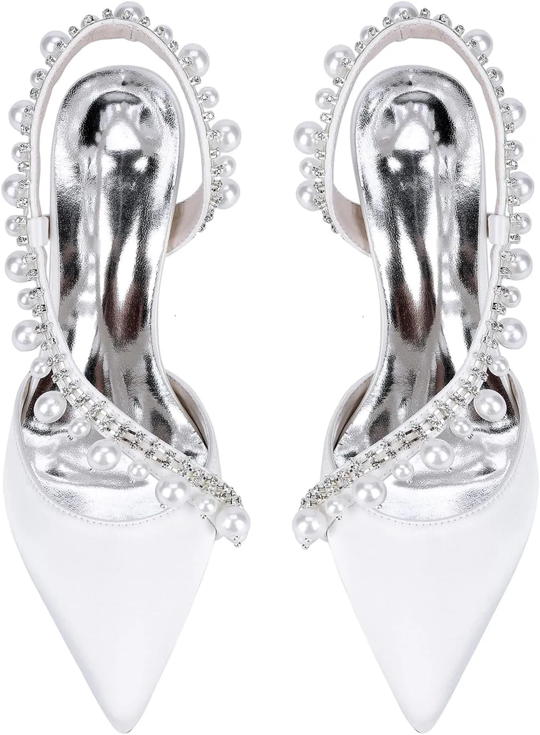 Women's Slingback Wedding Dress Shoes Satin Pointed Toe Pearl Rhinestones S Strap Slip-On High Heels Sandals