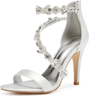 Women's Women's Open Toe Ankle Buckle Straps Pump Crystal Stiletto Sandals Heels Satin Wedding Bridal Shoes for Party Wedding