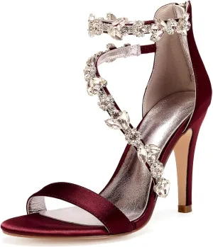 Women's Women's Open Toe Ankle Buckle Straps Pump Crystal Stiletto Sandals Heels Satin Wedding Bridal Shoes for Party Wedding