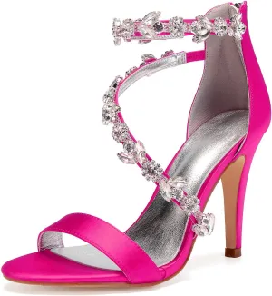 Women's Women's Open Toe Ankle Buckle Straps Pump Crystal Stiletto Sandals Heels Satin Wedding Bridal Shoes for Party Wedding
