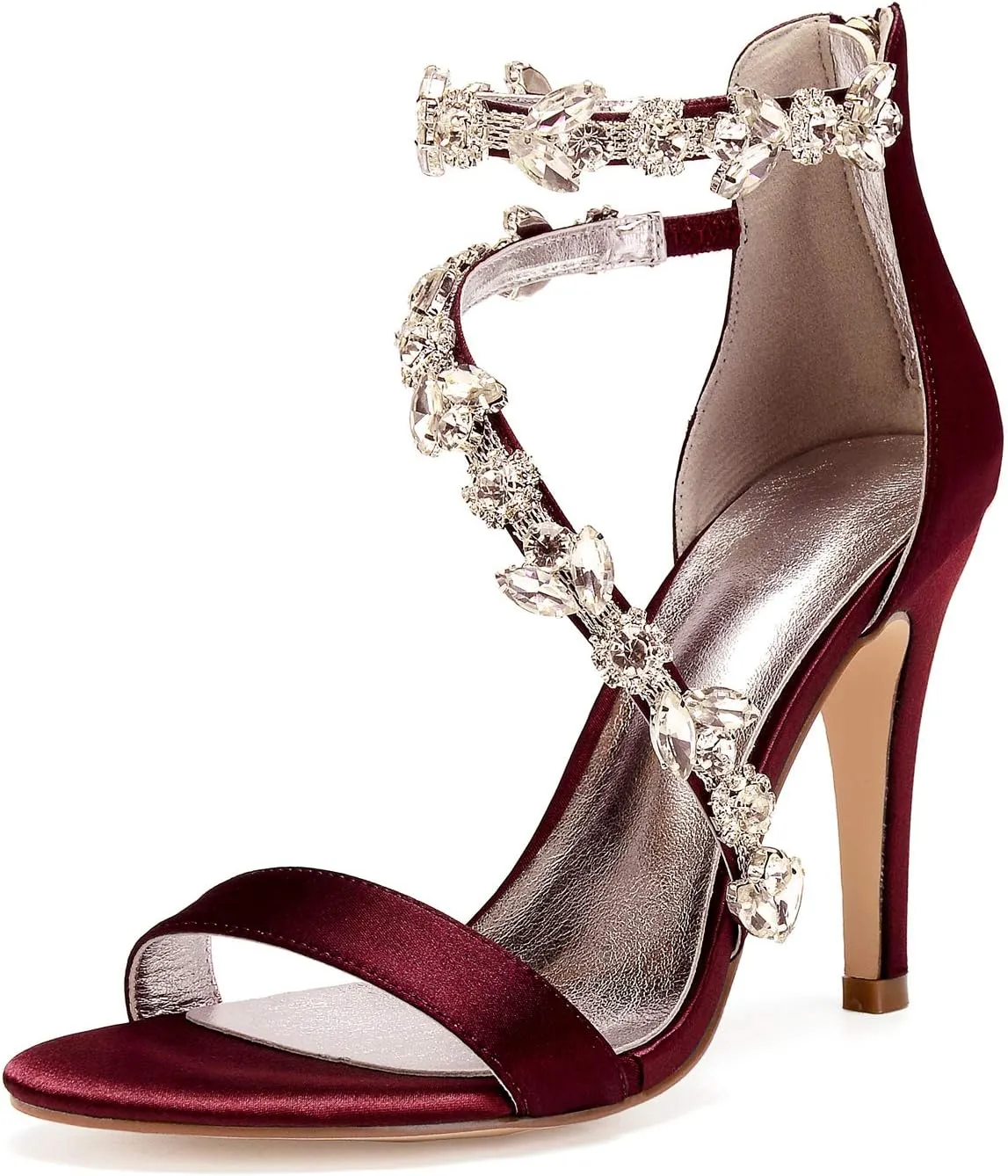 Women's Women's Open Toe Ankle Buckle Straps Pump Crystal Stiletto Sandals Heels Satin Wedding Bridal Shoes for Party Wedding
