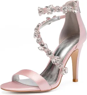Women's Women's Open Toe Ankle Buckle Straps Pump Crystal Stiletto Sandals Heels Satin Wedding Bridal Shoes for Party Wedding