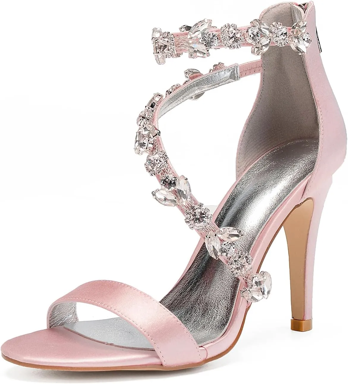 Women's Women's Open Toe Ankle Buckle Straps Pump Crystal Stiletto Sandals Heels Satin Wedding Bridal Shoes for Party Wedding
