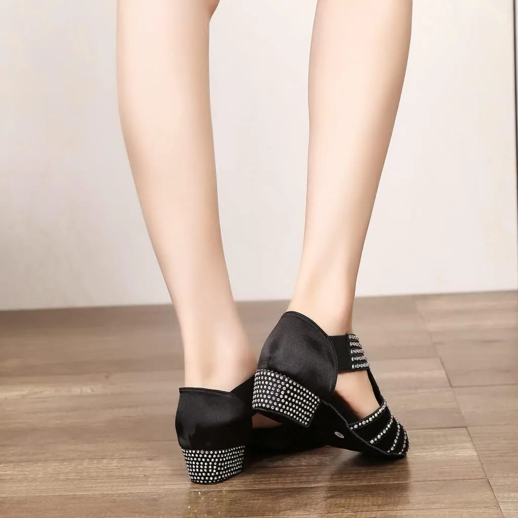 YYTing Half Rhinestones Ballroom Dance Shoes Women Latin Salsa Practic Wedding Indoor Crystal Suede Footwear 1.5in Heels