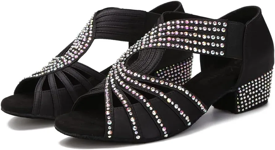 YYTing Half Rhinestones Ballroom Dance Shoes Women Latin Salsa Practic Wedding Indoor Crystal Suede Footwear 1.5in Heels