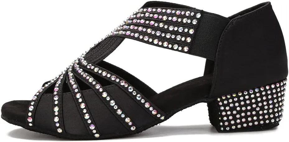 YYTing Half Rhinestones Ballroom Dance Shoes Women Latin Salsa Practic Wedding Indoor Crystal Suede Footwear 1.5in Heels